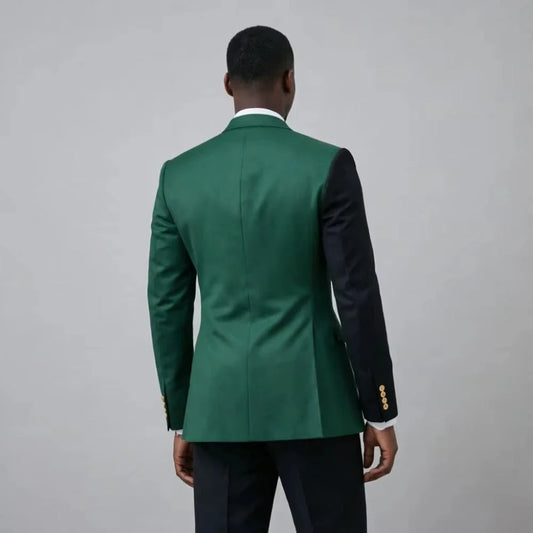 Mens Green Black Contrast Color Suits Slim Fit Double Breasted 2 Pieces Wedding Tuxedo Flap Pockets Cuff Buttons Office Wear