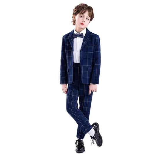 Kids Formal Blue Plaid Blazer Set For Wedding Birthday Boys Jacket Vest Pants Bowtie 4Pieces Suit Set for Piano Host Performance