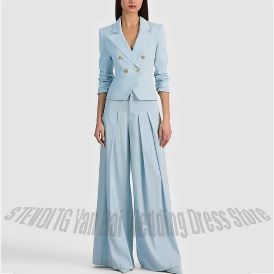 Light Blue Women's 2 Piece Suit Set Double Breasted Cropped Blazer with Pleated Wide Leg Pants Business Party Prom Fashion Suit
