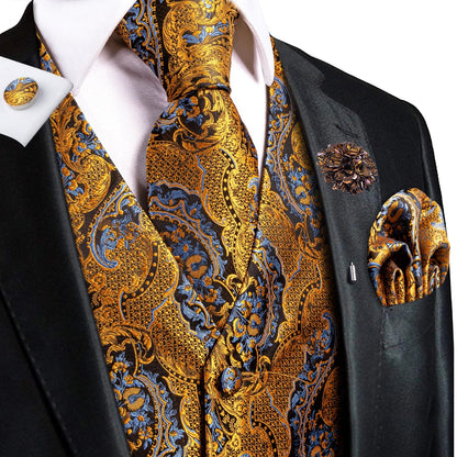 Men's Jacquard Waistcoat Suit Vest with Tie Hanky Cufflinks Brooch Set for Weddings and Business Events