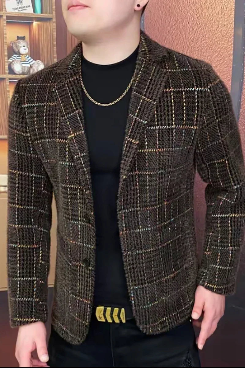 Winter Fleece Warm Suit Jacket for Men Fashion Plaid Slim Fit Casual Business Blazers Street Wear Social Jackets Men Clothing