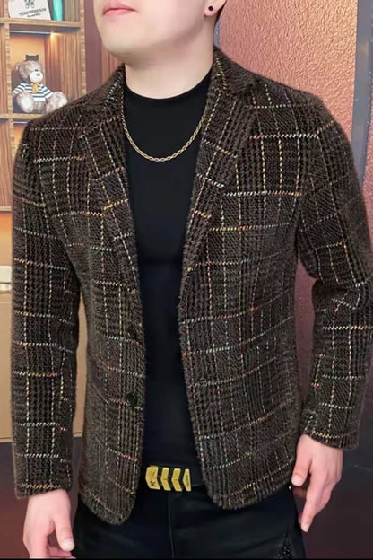Winter Fleece Warm Suit Jacket for Men Fashion Plaid Slim Fit Casual Business Blazers Street Wear Social Jackets Men Clothing