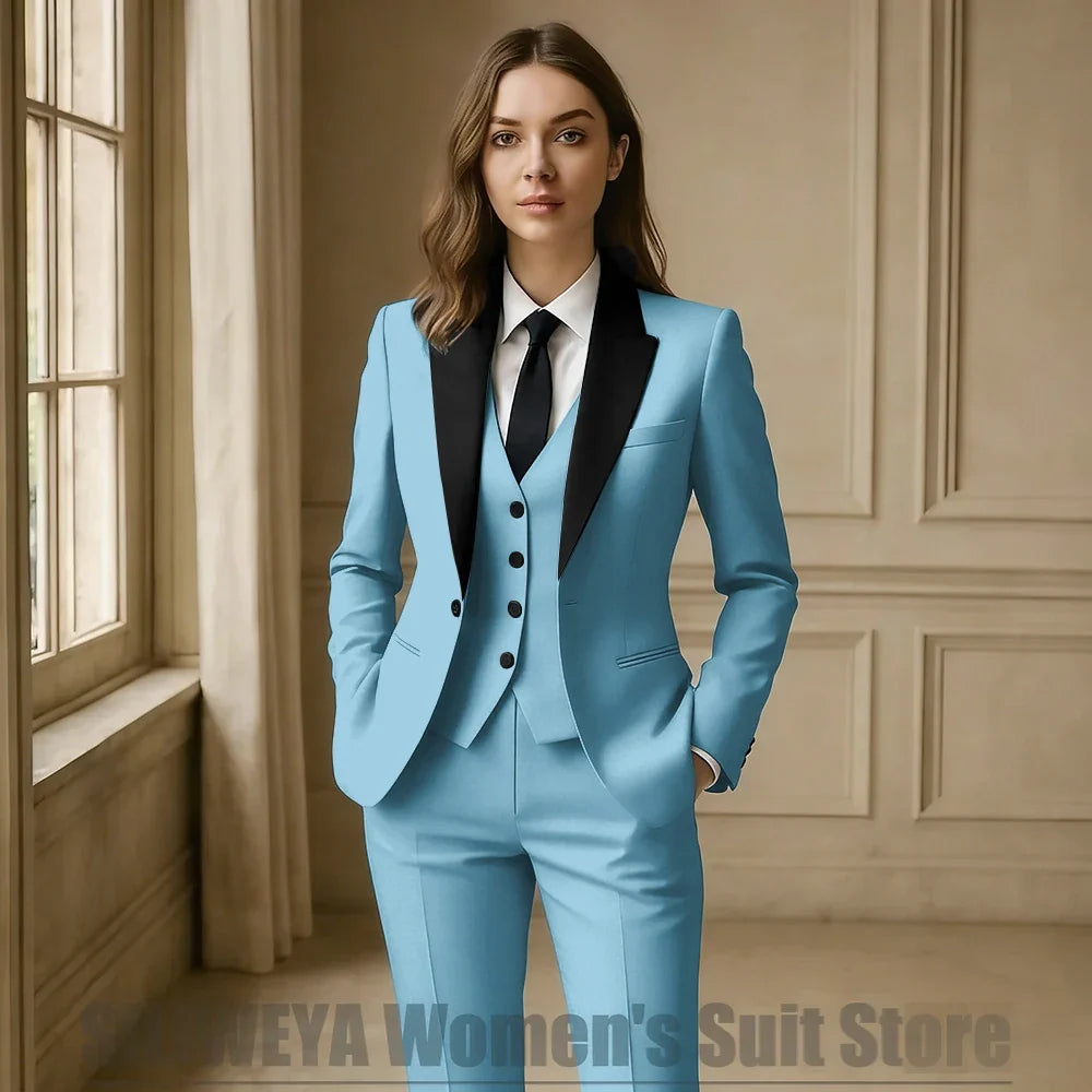 Women Royal Blue 3 Piece Tuxedo Suit Blazer Vest Pants with Black Lapel Slim Fit Formal Party Business Office Outfit