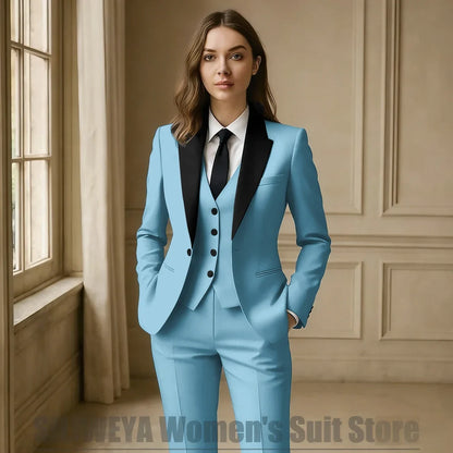 Women Royal Blue 3 Piece Tuxedo Suit Blazer Vest Pants with Black Lapel Slim Fit Formal Party Business Office Outfit