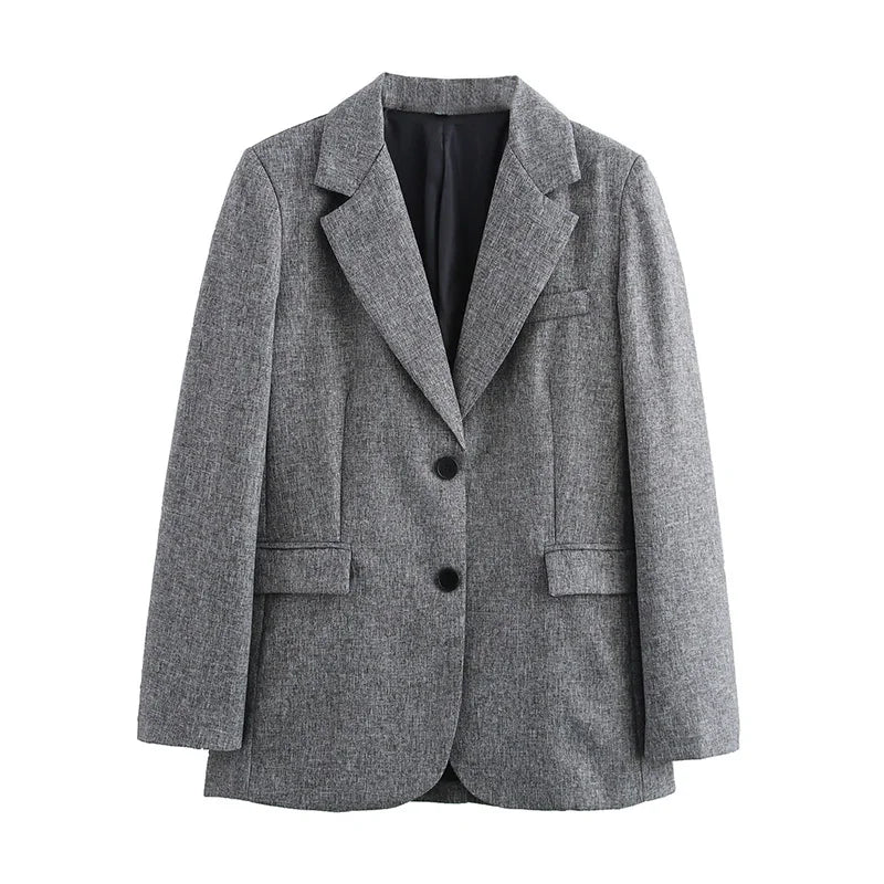 Women Fashion With Pockets Grey Single Breasted Blazer Vintage Notched Neck Long Sleeves Female Chic Lady Outfits