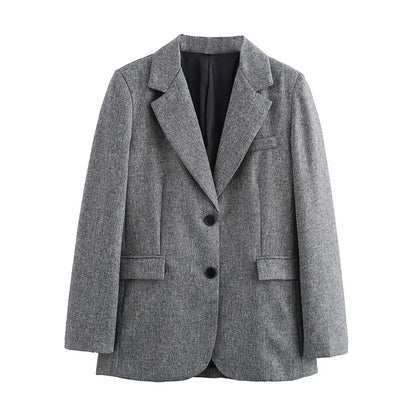 Women Fashion With Pockets Grey Single Breasted Blazer Vintage Notched Neck Long Sleeves Female Chic Lady Outfits