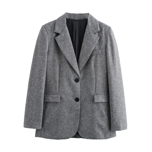 Women Fashion With Pockets Grey Single Breasted Blazer Vintage Notched Neck Long Sleeves Female Chic Lady Outfits