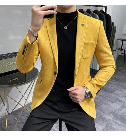 2023 Spring Suede Suit Jacket Men Casual Business Slim Fit Blazer Deerskin Leather Jacket Men Wedding Street Wear Social Coat