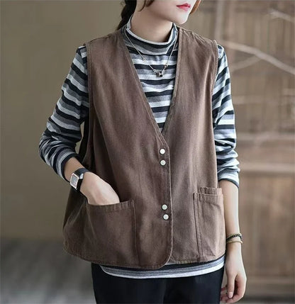Korean Ladies Solid Color Casual Sleeveless Jacket Autumn Women V-neck Loose Waistcoat Coat Spring Female Fashion Vest Outwear