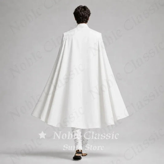 White 2 Pieces Suit Double Breasted Men Royal Cape Gold Chain Embellished Medieval Prince Blazer Pants Wedding Groom Customized