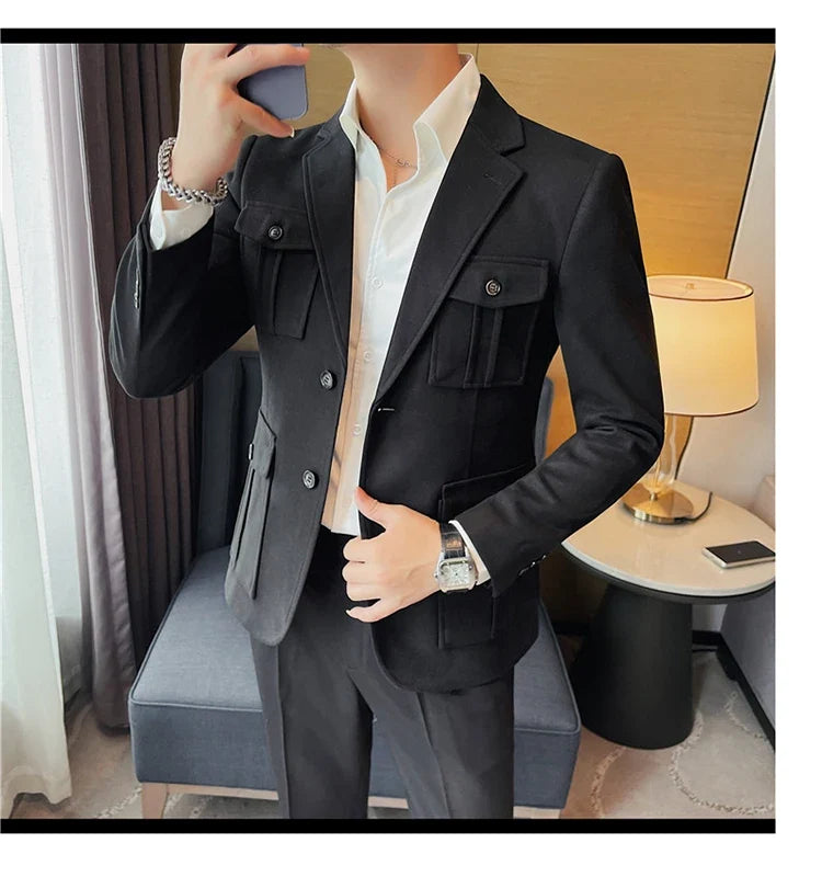 Winter Woolen Suit Jacket for Men Multiple Pockets Slim Fit Casual Business Blazers Masculino Wedding Streetwear Social Coats