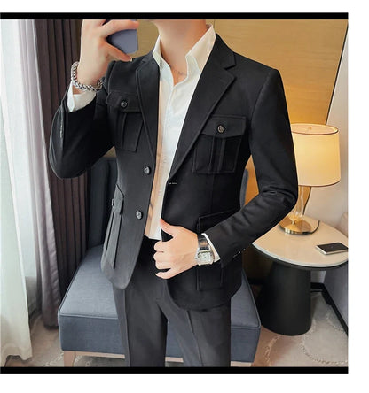 Winter Woolen Suit Jacket for Men Multiple Pockets Slim Fit Casual Business Blazers Masculino Wedding Streetwear Social Coats