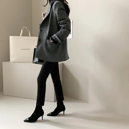 Women's Slim Fit Blazer Autumn Mid-Length Lapel Coat Contrast Cuff Detail Elegant Office & Commute Outerwear