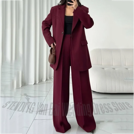 Stylish Oversized Women 2 Piece Suit Notched Lapel Single Button Modern Style Formal Office Business Casual Outfit(Blazer+Pants)