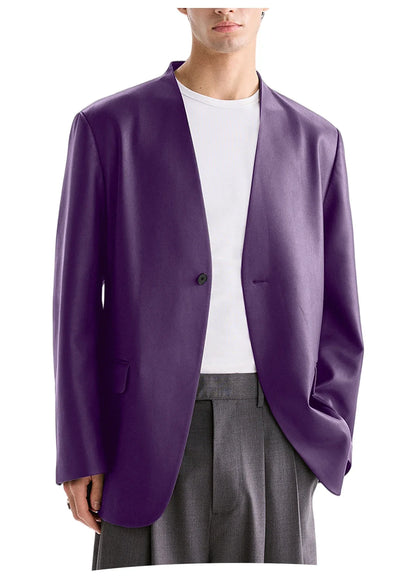 Men's PU Leather Collarless Blazer Single Button Loose Fit Jacket for Wedding Party Office