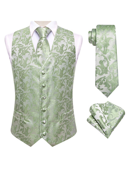 Men's Satin Jacquard Vest 3-Piece Set for Wedding & Banquet – Green