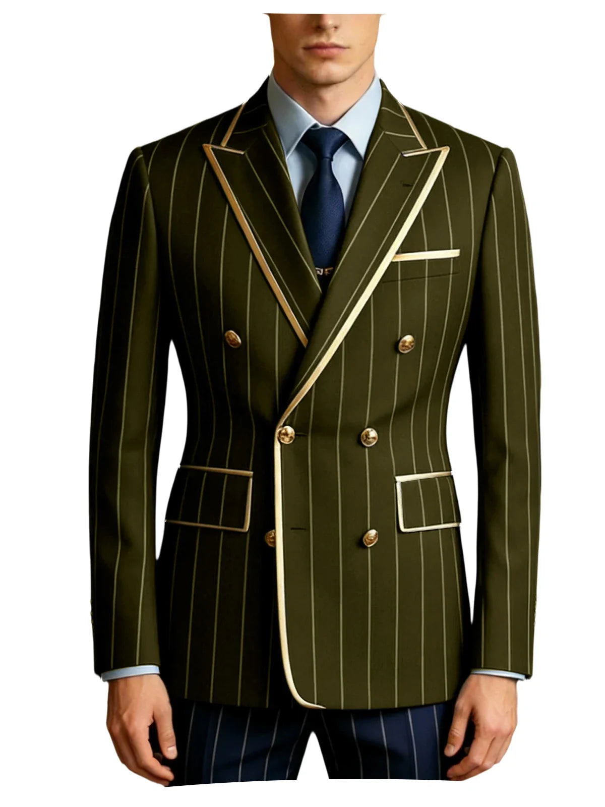 Men's Pinstripe Blazer Double Breasted Gold Trim Slim Fit Suit Jacket Peak Lapel Business Formal Tuxedo Coat for Wedding Prom
