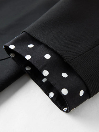 2025 Women's Black Polka Dot Blazer Spring New V-Neck Ribbon Bow Tie Long Sleeve Slim Jacket Retro Office Chic Outerwear