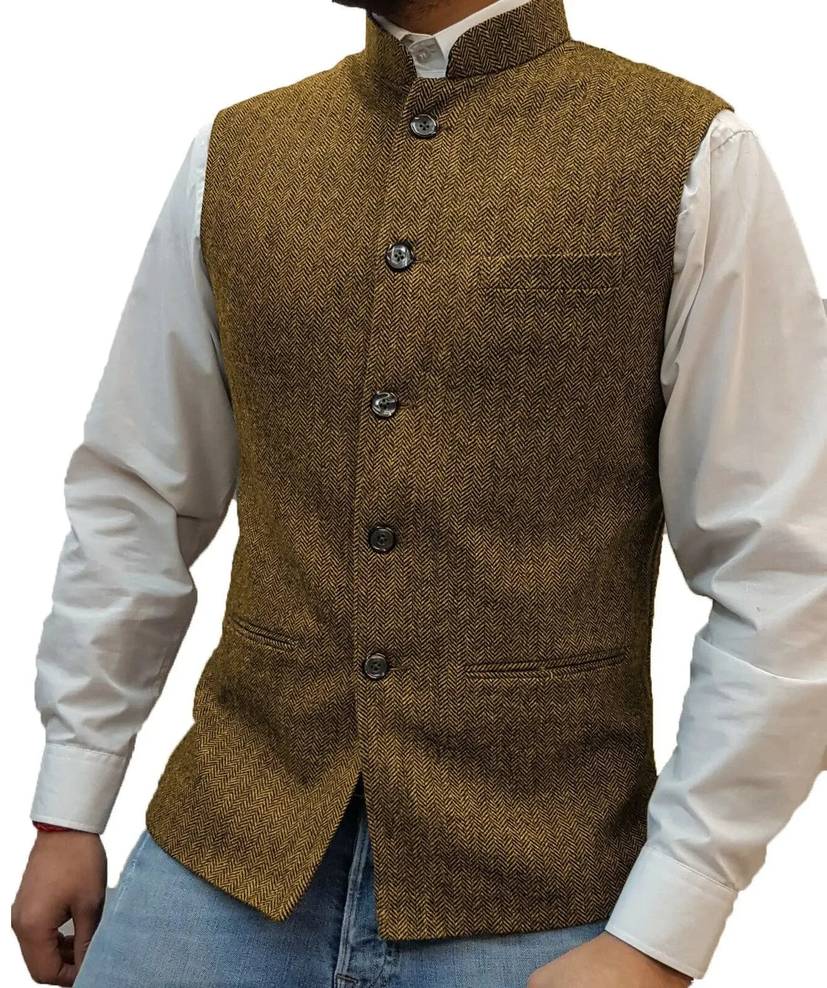 Men's Vest Standing Collar Herringbone Woolen Blend Single Breasted Waistcoat for Business & Casual Wear