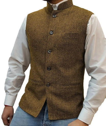 Men's Vest Standing Collar Herringbone Woolen Blend Single Breasted Waistcoat for Business & Casual Wear
