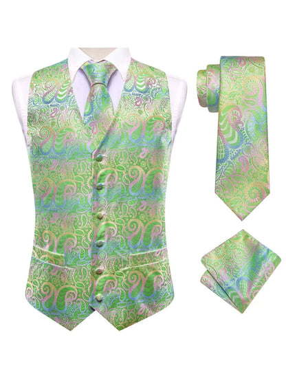 Men's Satin Jacquard Vest 3-Piece Set for Wedding & Banquet – Green