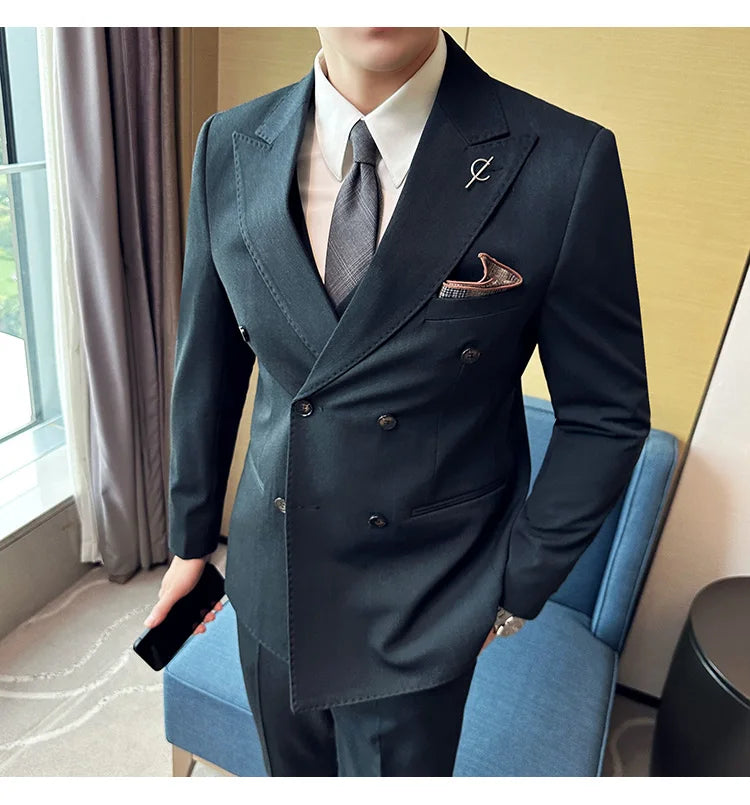 (Jackets +Pants ) Men's Suits 2 Piece High-Quality Double Breasted Lapel Solid Business Groom Wedding Tuxedo Banquet Clothing