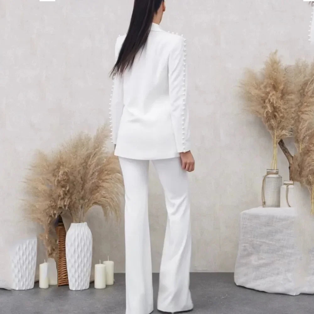 Fashion White Women Pants Sets Elegant Pearls Single Button Peak Lapel 2 Piece Chic Party Formal Solid Suits (Blazer+Pants)