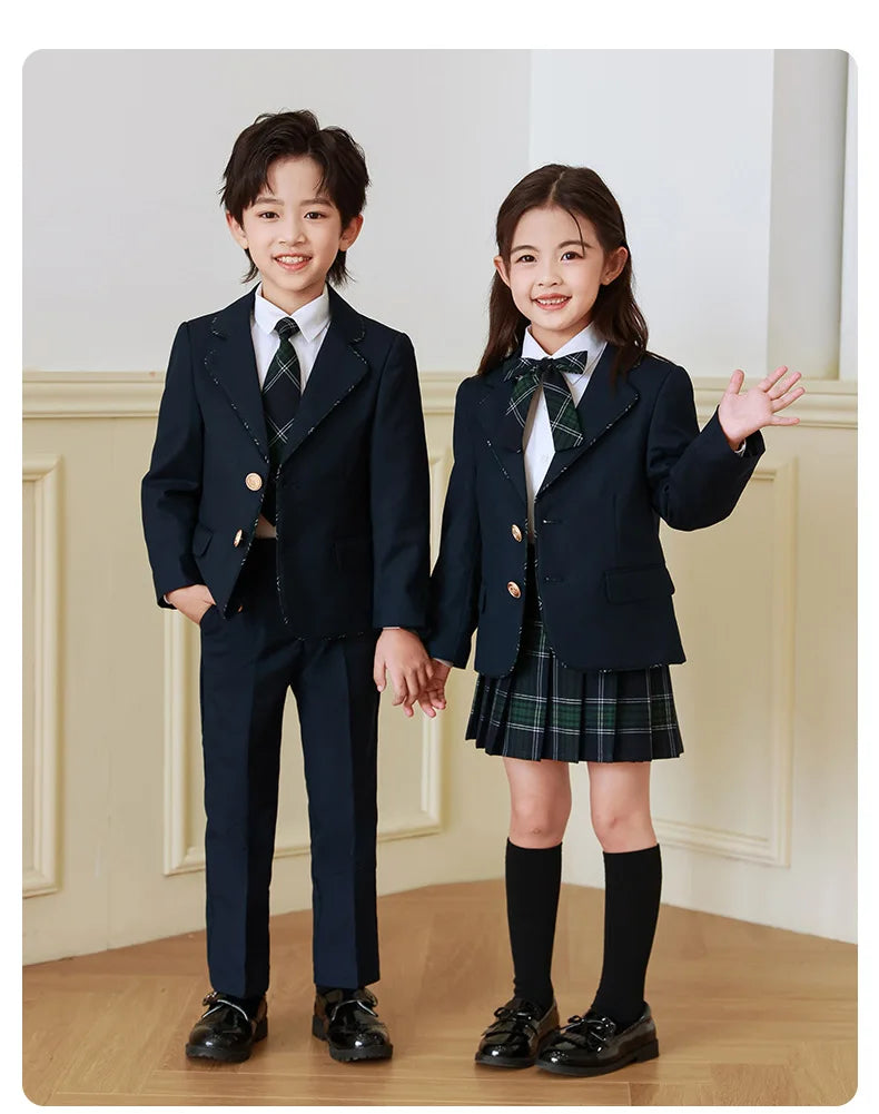Children British School Uniforms Girls Preppy Jacket Pleated Skirts Boys Blazers Pants Suits Kids Teenage Student Clothes Sets