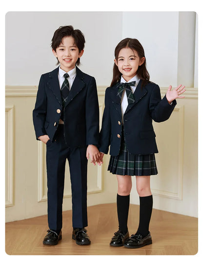 Children British School Uniforms Girls Preppy Jacket Pleated Skirts Boys Blazers Pants Suits Kids Teenage Student Clothes Sets