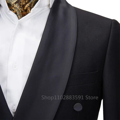 2 Pieces New Men Suit Black Satin Lapel Tuxedo Double Breasted Wedding Shawl Lapel Party Costume Groom Male Wear