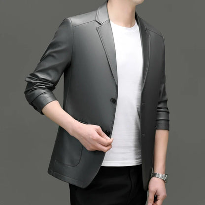 Spring/Summer New Men's Suit Collar Leather Jacket for Business and Casual Wear PU Leather Jacket for Middle-aged Men's Business