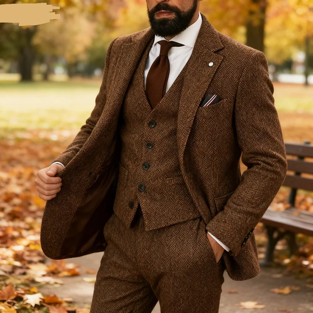 Men's Tweed Wool Slim Fit Formal 3-Piece Suit – Fishbone Weave, Wedding & Smoking Style