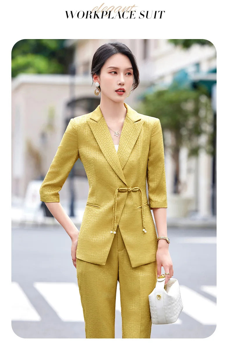 Chinese style Spring Summer Women Elegant Office Work Three Quarter Blazer Tops And Flare Pant Fashion Oversize Two Piece Suits