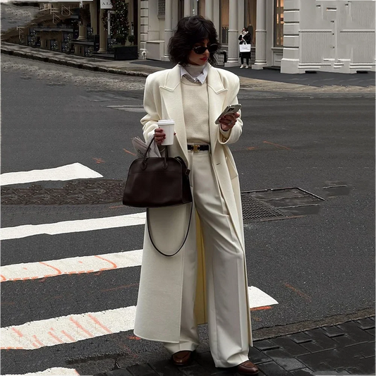 Luxury Women's Suit Long Blazer Pants 2 Pieces Pleated Peak Lapel Single Breasted Overcoat Evening Party Prom Elegant Outfit