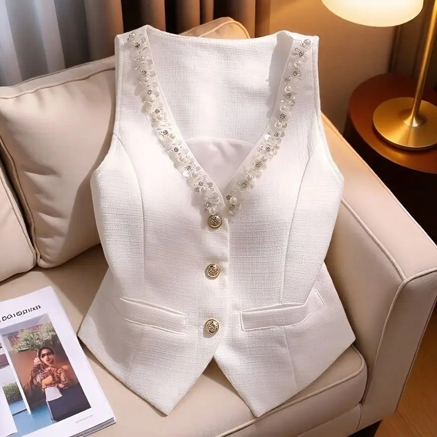 White Suspender Vest For Women Summer New Short Slim Thin Versatile Vest Elegant Beading Cardigan Sleeveless Blazer Waistcoat