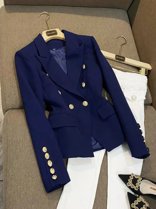Elegant Blue Suit Jacket for Women Loose Style Commute Friendly Long Sleeve Double Breasted Coat A67 New Fall Collection