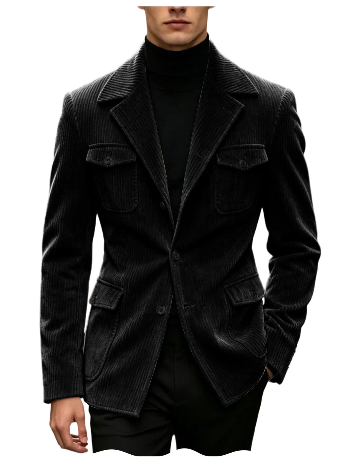 Men's Corduroy Blazer Jacket Slim Fit Notched Lapel Casual Business Coat With Four Flap Pockets For Daily Work Streetwear