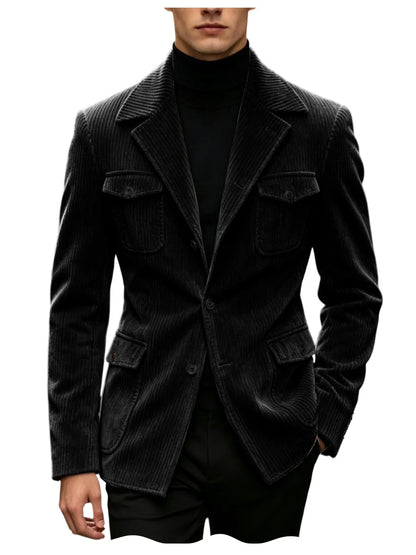 Men's Corduroy Blazer Jacket Slim Fit Notched Lapel Casual Business Coat With Four Flap Pockets For Daily Work Streetwear