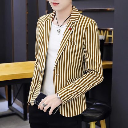 Men's Slim Fit Striped Casual Suit Jacket Korean Fashion Four Seasons New Boutique Handsome Small Suit