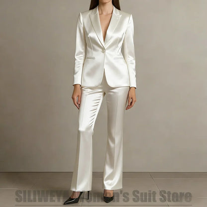 Shiny Satin Women's Suit 2 Piece One Button Blazer and Pants Formal Business Outfit for Office Work Wedding Party Tuxedo