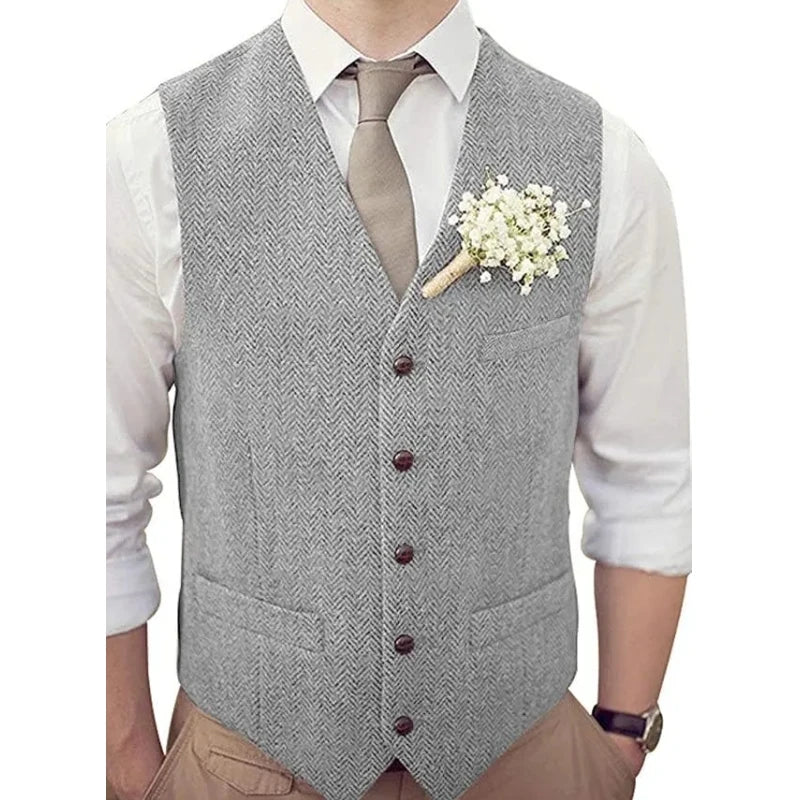 Men's Vest Herringbone V-Neck Single Button Waistcoat for Wedding, Business & Casual Wear