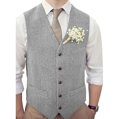 Men's Vest Herringbone V-Neck Single Button Waistcoat for Wedding, Business & Casual Wear