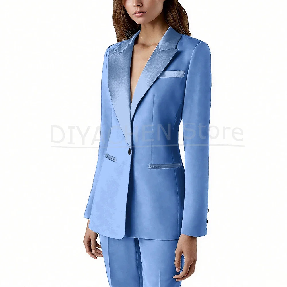Pants Sets 2 Piece Fashion Satin Peak Lapel Single Button Solid Color Outfits Chic Casual Slim Daily Office Women's Suit