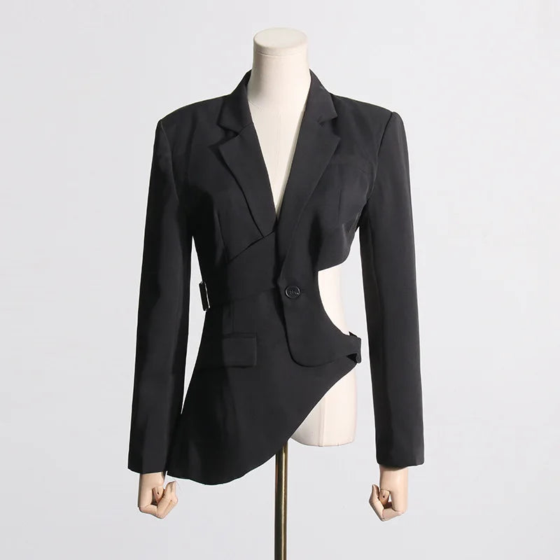 Women's Trendy Elegant High Street Hollow Out Design Pocket Slim Fit Coat Stylish Chic Asymmetric Long Sleeve Blazer HK8293