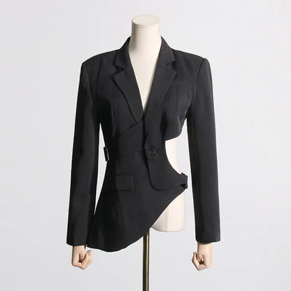 Women's Trendy Elegant High Street Hollow Out Design Pocket Slim Fit Coat Stylish Chic Asymmetric Long Sleeve Blazer HK8293