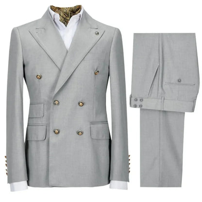 Men Suit 2 Pieces Gray Double Button Solid With Lapel For Wedding Banquet Birthday Party Business Work Set Jacket With Pants