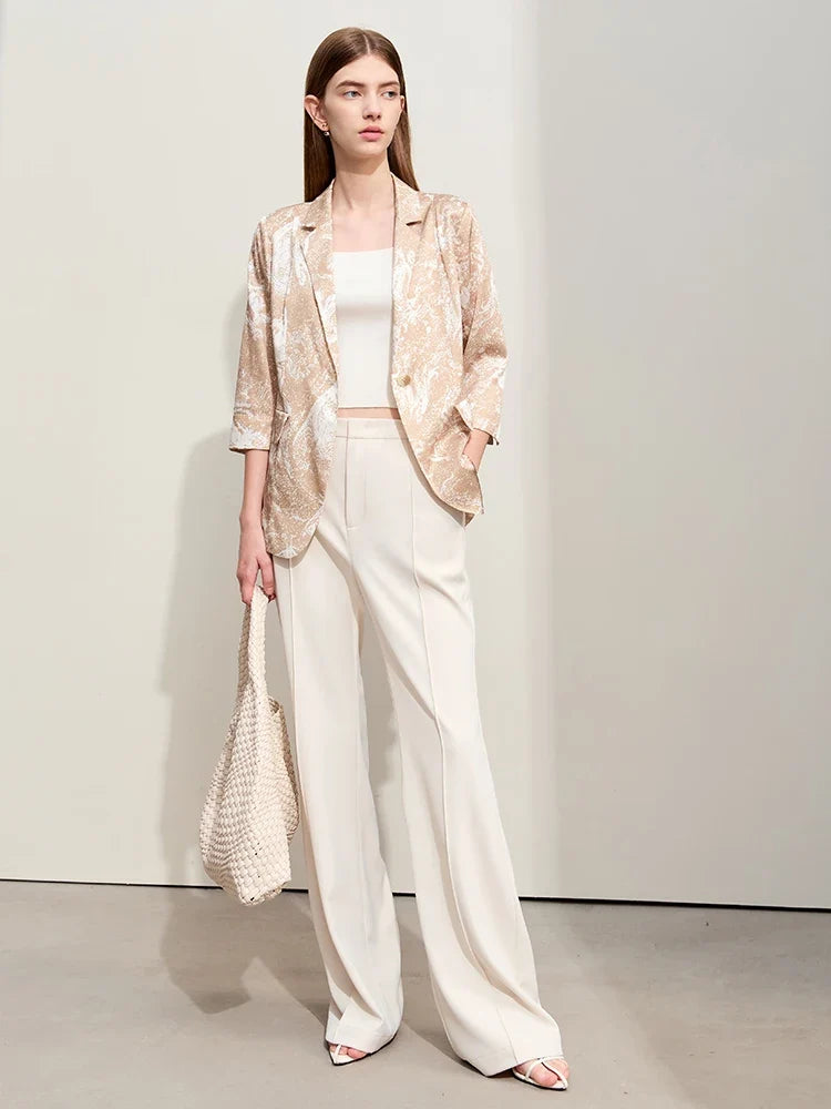 Minimalism Silk Blazers 2026 Summer Notched Printed Basic Fashion Jacket Three Quarter Women Office Lady Blouse 12452146