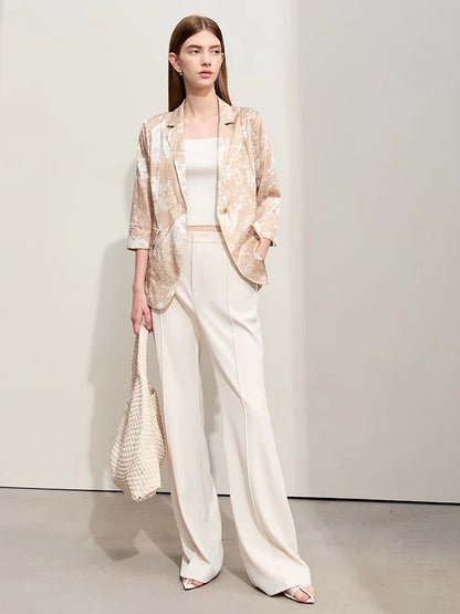 Minimalism Silk Blazers 2026 Summer Notched Printed Basic Fashion Jacket Three Quarter Women Office Lady Blouse 12452146