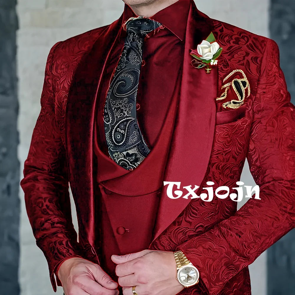 Exquisite jacquard Men's 3-piece Suits Wedding Groom Sets Handsome Shawl Lapel Suit Set Dancing Wear Formal Tuxedo For Business