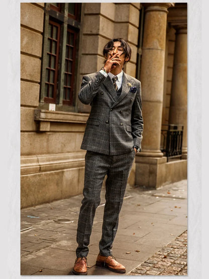Retro British Style Double Breasted Suit Jacket Men's Checkered Business Formal Suit Wedding Professional Suit